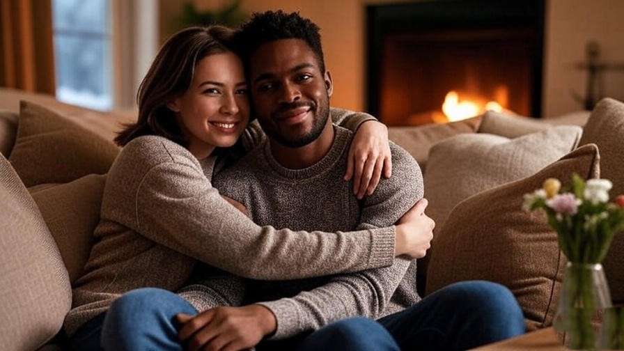 Two friends sharing a comforting hug on a couch, illustrating vulnerability and trust in friendships