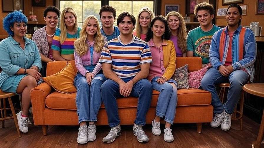  Friends cast at Central Perk with Chandler Bing highlighted in 90s fashion. 