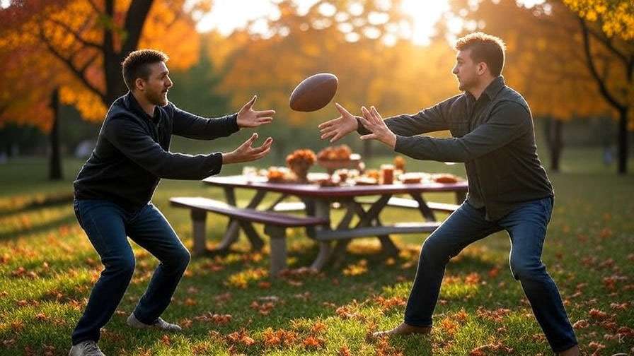 Two men playing football in a park during Thanksgiving, reflecting Ross and Joey’s competitive moment from Friends.