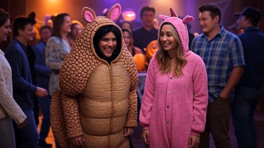 Fans in Friends Halloween costumes like armadillo and bunny at a festive party with jack-o'-lanterns.