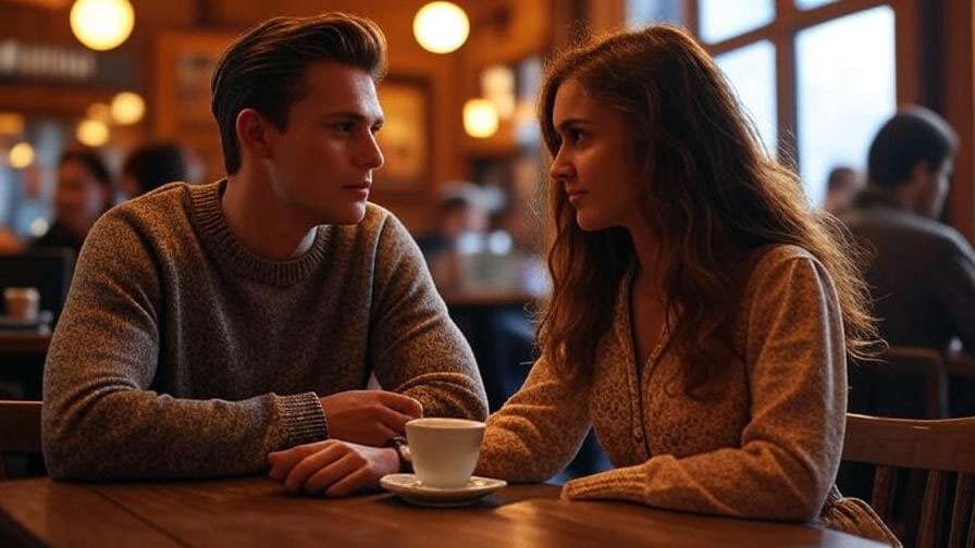 Ross and Rachel sharing a tender moment at Central Perk in a 90s coffee shop