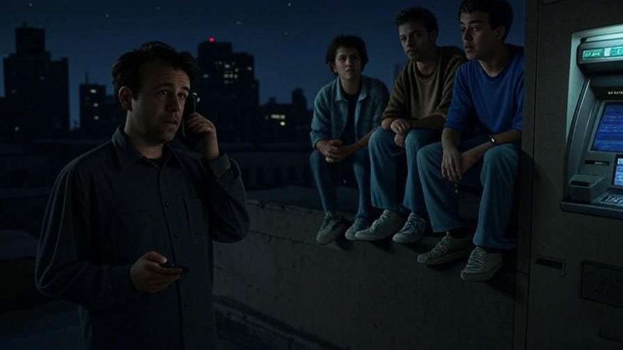 Chandler in ATM during blackout, friends on rooftop, Friends Season 1 episode 7.