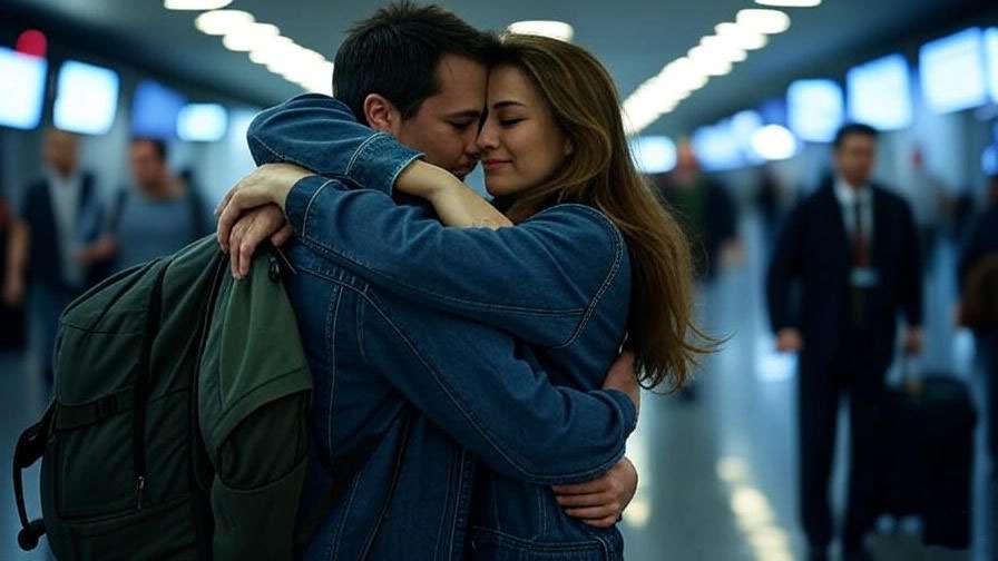 Emotional airport reunion embrace of a man and woman, symbolizing Ross and Rachel's final moment in Friends.