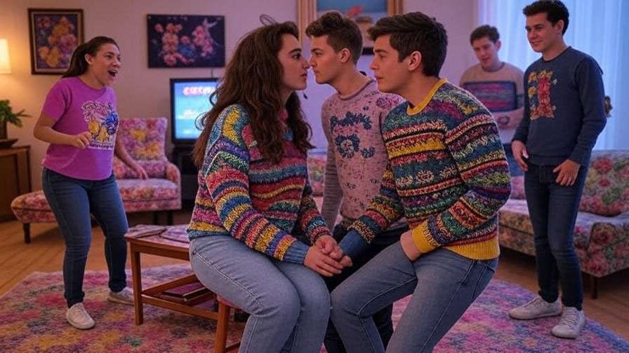 Nostalgic 90s living room with Friends characters watching the prom video, a touching Season 2 highlight. 