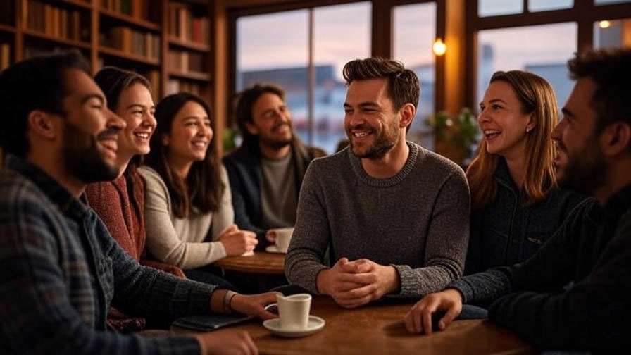 Friends laughing in coffee house with pensive man representing Ross's marriages impact in Friends.