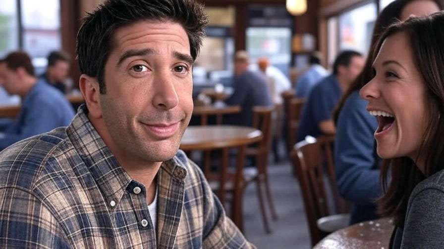 Ross Geller awkwardly avoiding Janice in a humorous Central Perk scene from Friends.