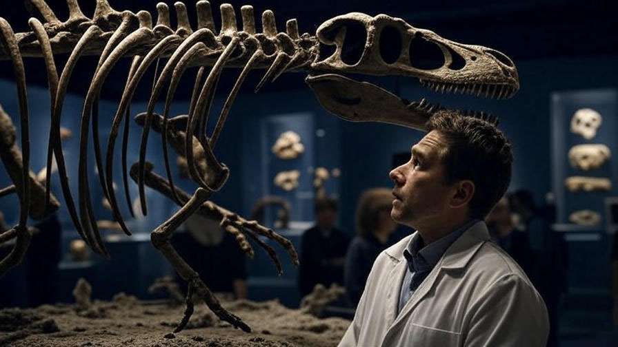 Ross Geller exploring a dinosaur exhibit as a paleontologist in Friends, showcasing his quirky passion for fossils.