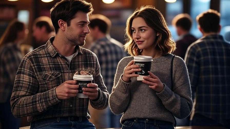 Chandler and Monica sharing a secretive glance over coffee at Central Perk with friends in the background.