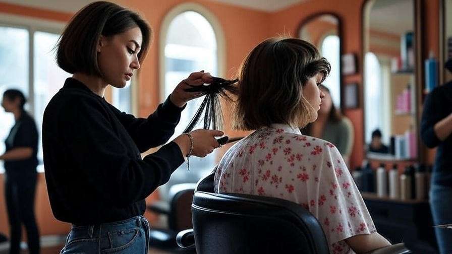 Salon scene with hairstylist creating the iconic Rachel haircut from Friends in the 90s.