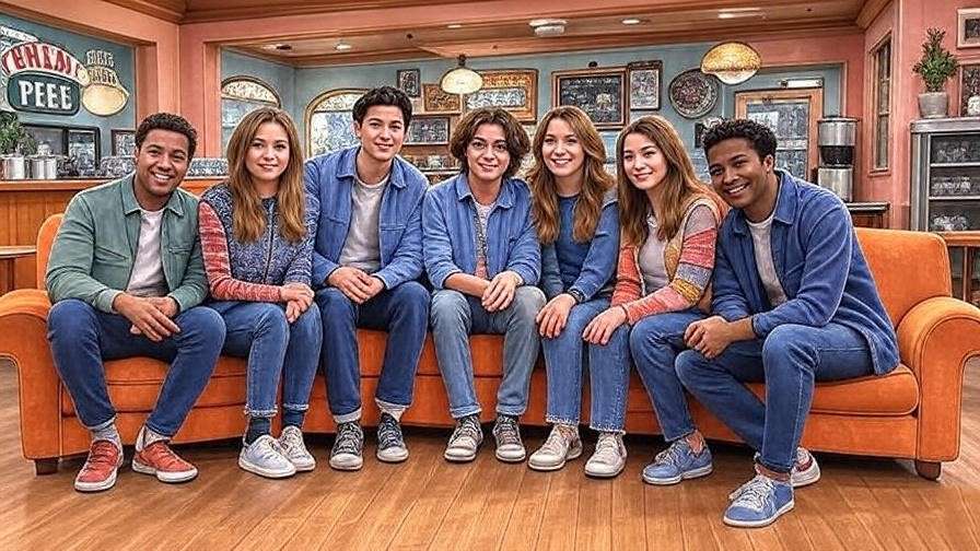 Central Perk café with Friends cast in Series 10, iconic nostalgic 90s sitcom setting.