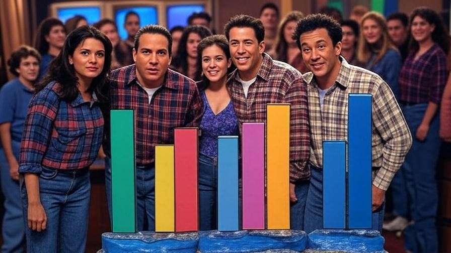 Comparison of Friends, Seinfeld, and Modern Family salaries depicted with bar graphs in a 90s TV studio