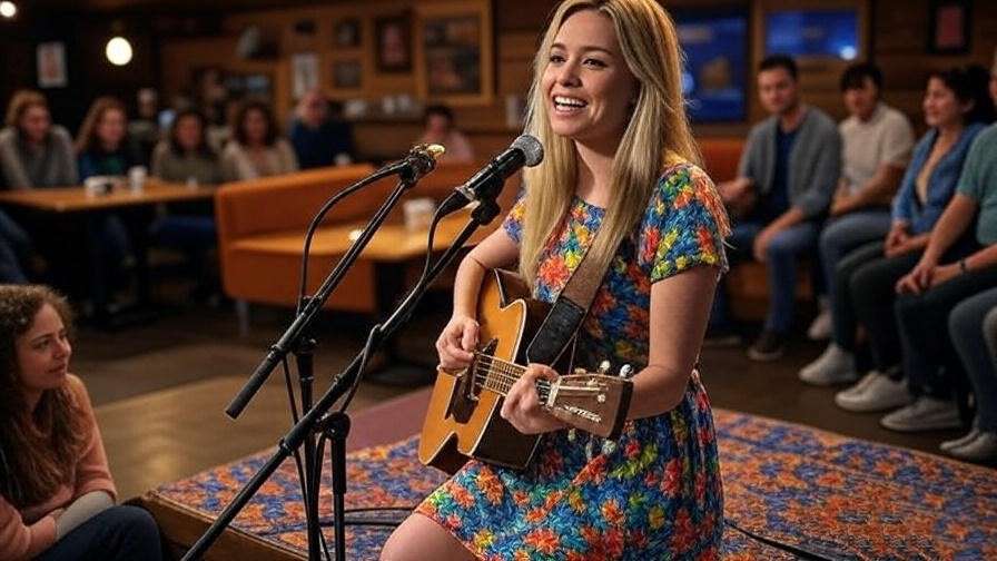 Phoebe performing Smelly Cat at Central Perk with orange couch from Friends