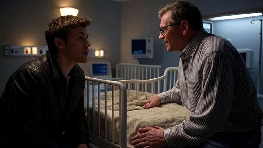 Two men in a hospital room sharing a supportive moment, inspired by Ross and Joey’s proposal mix-up in Friends.