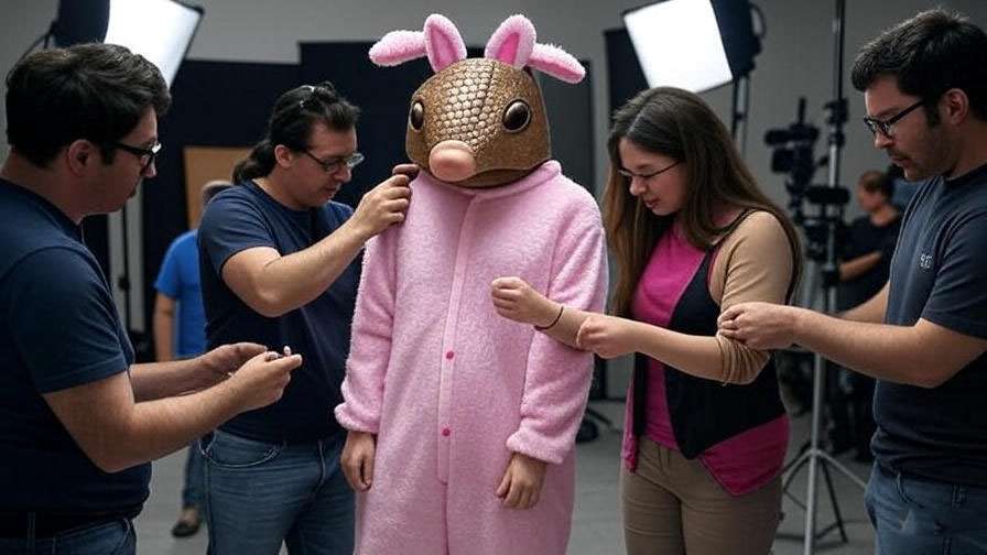Behind-the-scenes crew adjusting Friends Halloween costumes armadillo and bunny on set.