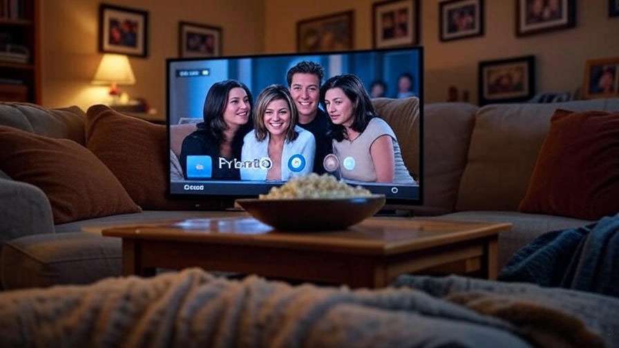 Cozy living room streaming Ross Geller Friends episodes on a smart TV.