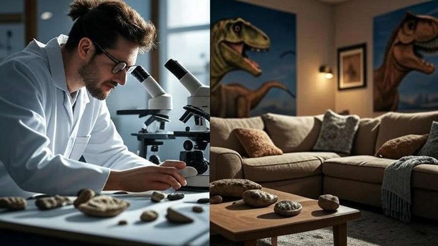 Split image of scientist lab and Friends-style apartment with dinosaur poster