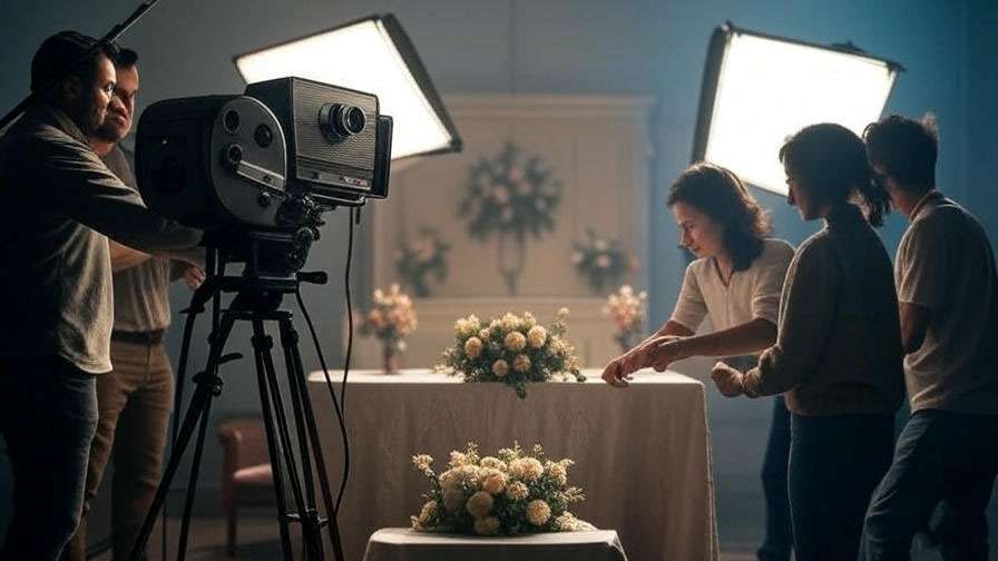 Behind-the-scenes wedding set with crew and camera for Ross's marriages in Friends.