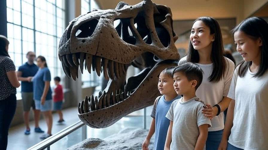Families exploring museum dinosaur exhibits with T. rex skull, interactive displays.
