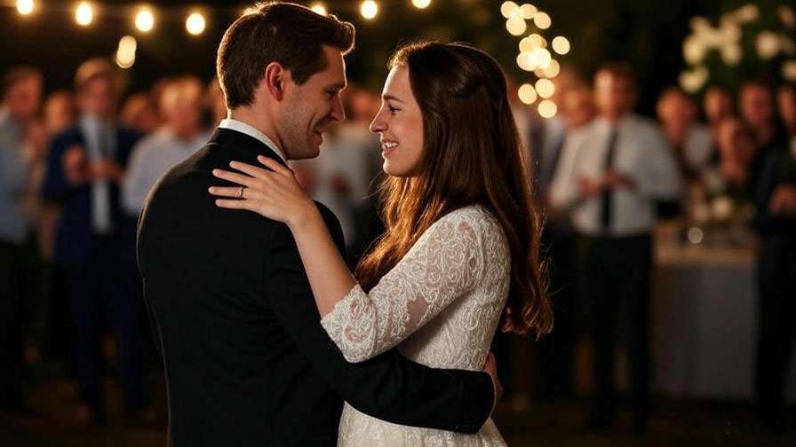 Ross and Mona sharing a first dance at a Friends wedding reception.