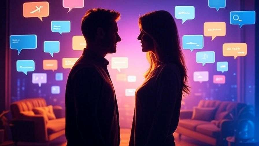 Silhouettes of Rachel and Ross with social media speech bubbles and meme icons, Friends cultural impact.