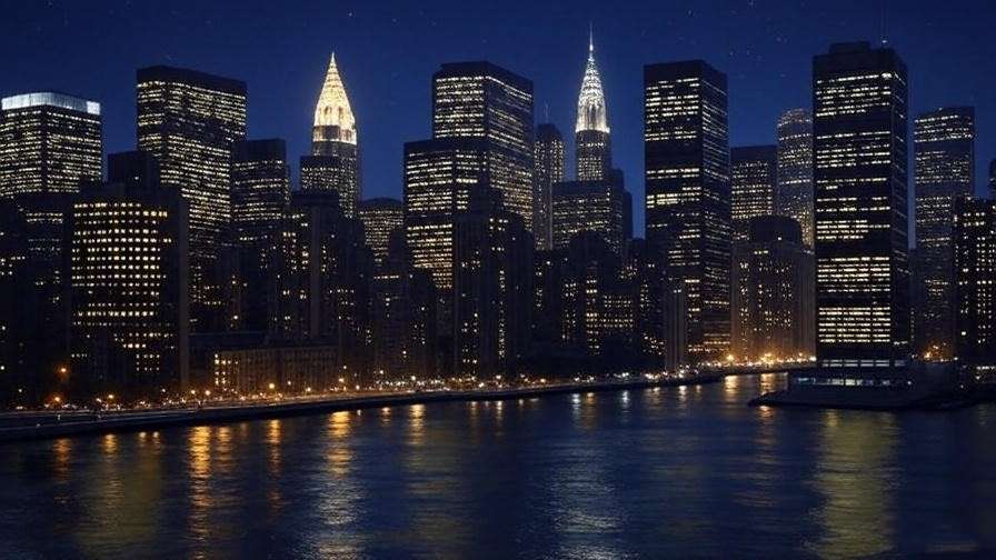 Nostalgic 1990s NYC night skyline with illuminated skyscrapers, reflecting the cultural impact of Friends.