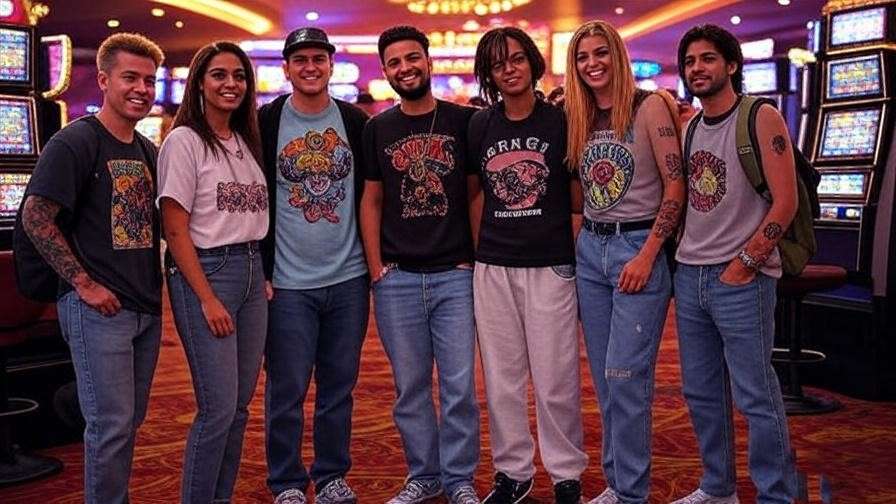 Friends gang in a vibrant Las Vegas casino during their chaotic trip from Friends