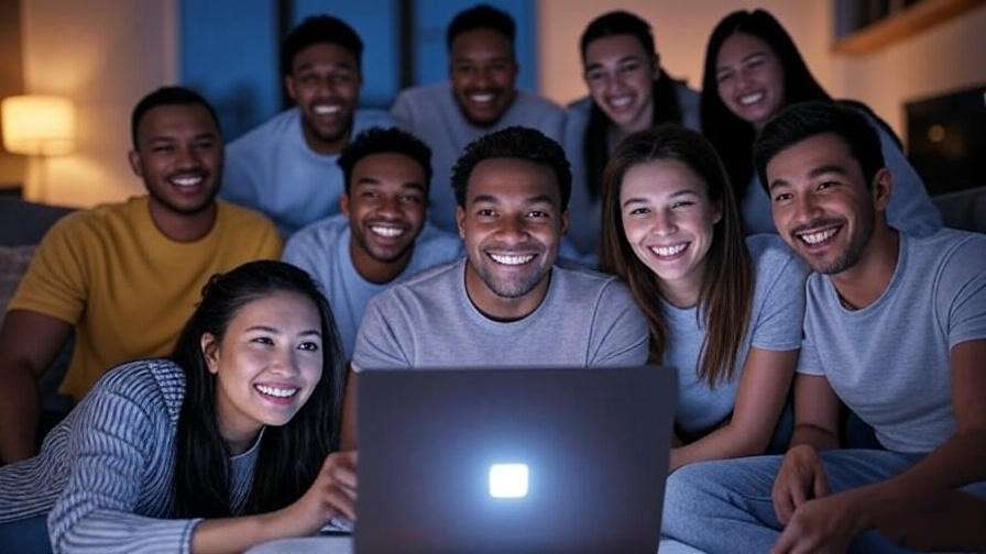 Friends connecting via video call in a cozy living room, emphasizing meaningful digital interactions