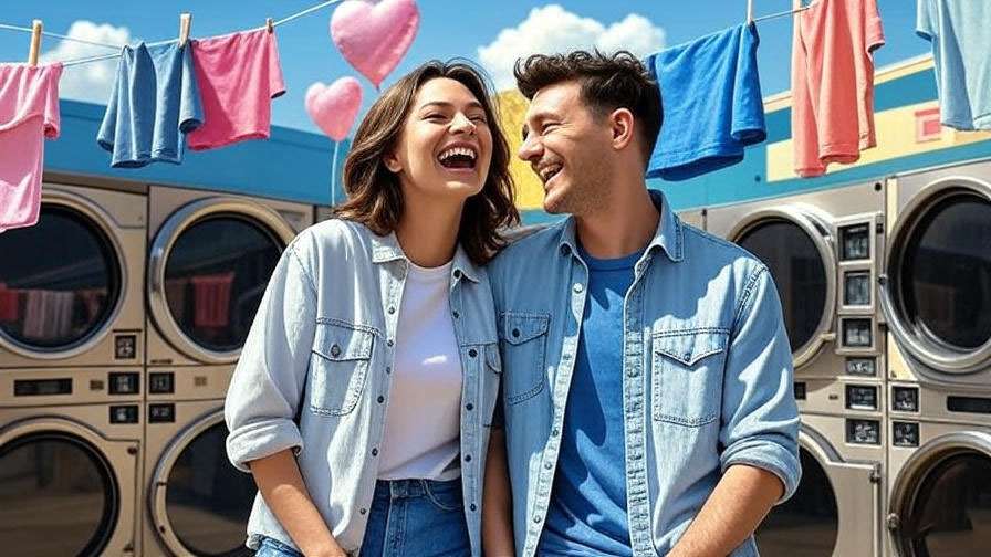 Phoebe and Mike laughing at a quirky laundromat picnic with Valentine’s Day balloons.