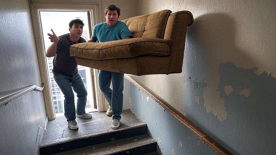 Two men moving a couch up stairs in a city apartment, depicting the iconic Pivot scene with Ross and Joey from Friends.