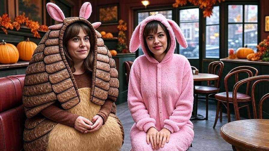 Nostalgic montage of Friends characters in Halloween costumes at Central Perk with fall decor.