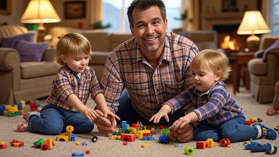 Ross Geller playing with his children Ben and Emma in a cozy 90s living room