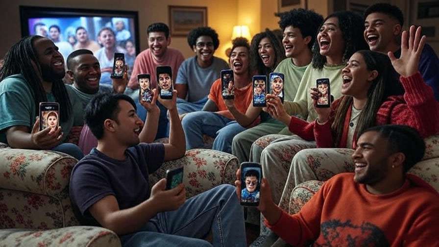 Diverse fans watching TV and sharing memes on smartphones, reflecting the vibrant Friends fandom around Ross’s marriages.