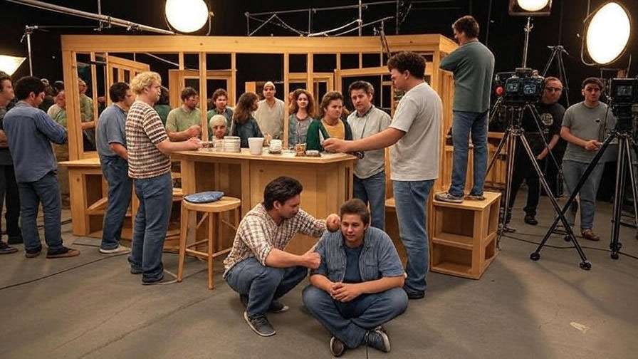 Behind-the-scenes filming of Friends Season 3 on a cozy coffee shop set.