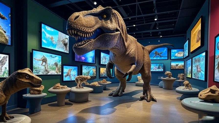 Modern museum exhibit with interactive dinosaur displays and fossils