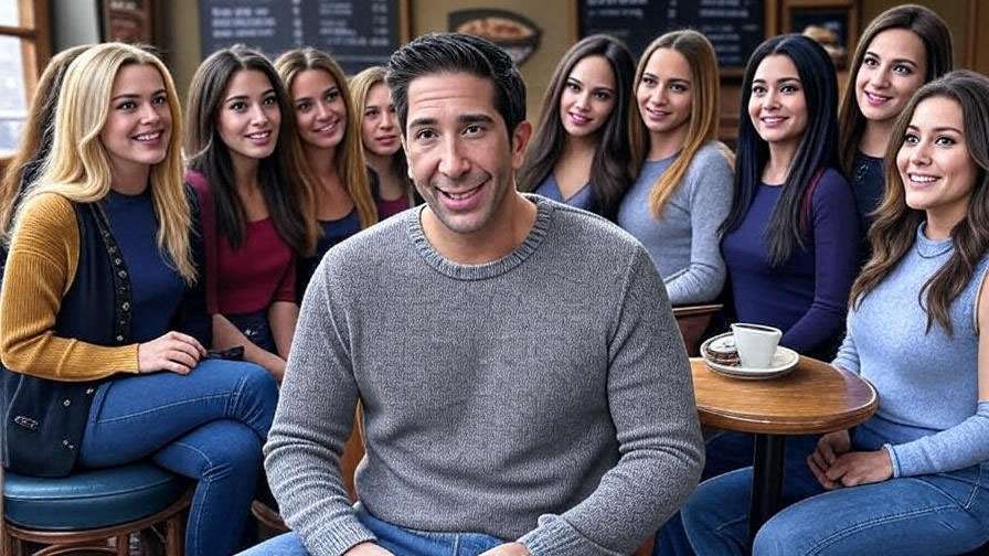 Ross Geller with minor flings like Chloe and the pizza girl in a playful Central Perk scene from Friends.
