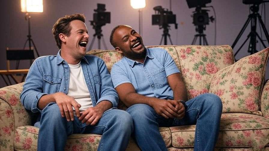 Actors laughing on a TV set couch, representing David Schwimmer and Matt LeBlanc’s friendship behind Friends scenes.