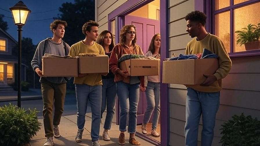 Friends leaving Monica’s apartment with purple door in the emotional series finale
