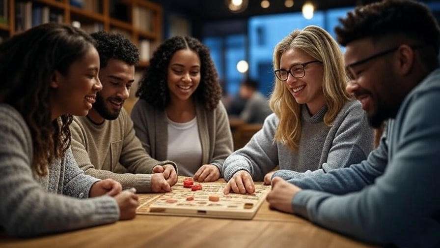 Friends playing a board game in a cozy café, representing a welcoming community space