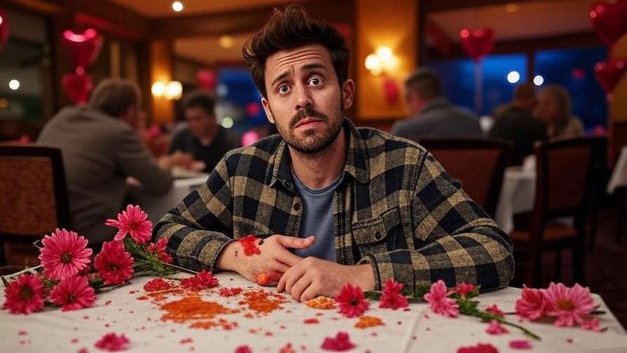 Joey in a chaotic restaurant scene with spilled food and flowers on Valentine’s Day.