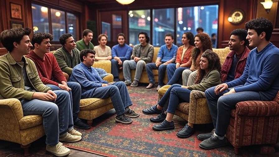 Friends cast at Central Perk in a 1990s nostalgic coffee shop