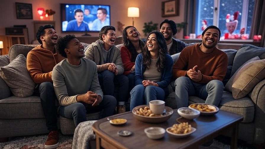  Friends watching a Friends episode on TV with Valentine’s Day decorations in a cozy living room. 