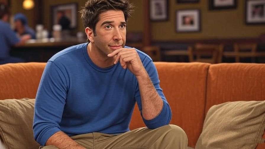 Ross Geller reflecting on his romantic journey with girlfriend photos in Central Perk from Friends.