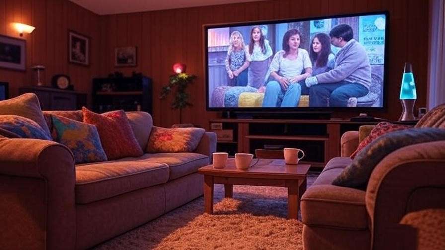 Cozy 90s living room setup for a Friends rewatch with TV and coffee mugs