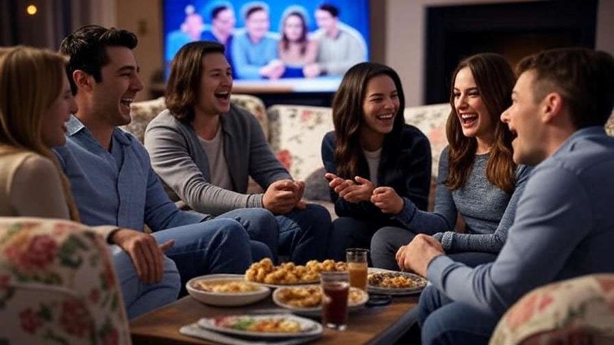Friends watching a Friends episode at a lively watch party, inspired by Ross and Joey nostalgia moments