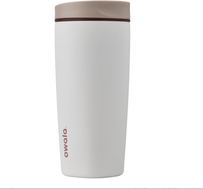 Owala SmoothSip Slider Insulated Stainless Steel Coffee Tumbler, Reusable Iced Coffee Cup, Hot Coffee Travel Mug, BPA Free 20 oz, Tan/White (Vanilla Bean)