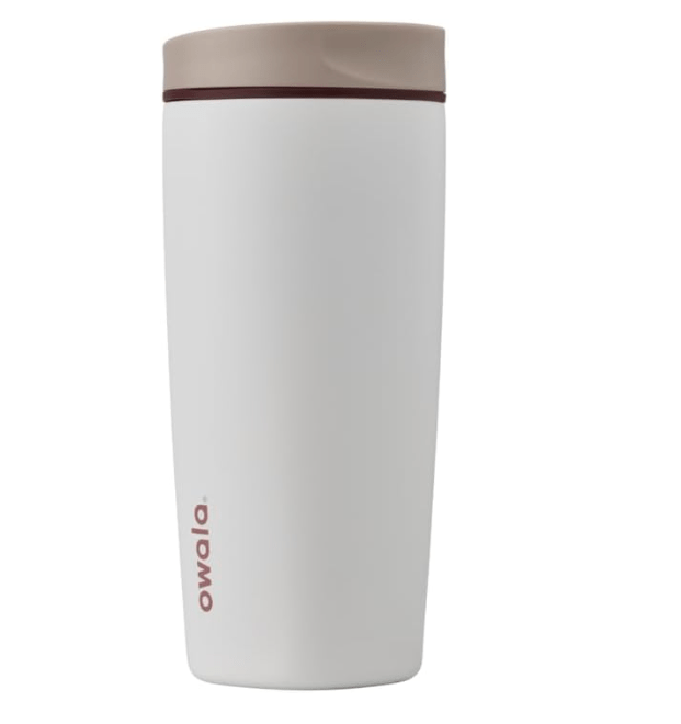  Owala SmoothSip Slider Insulated Stainless Steel Coffee Tumbler, Reusable Iced Coffee Cup, Hot Coffee Travel Mug, BPA Free 20 oz, Tan/White (Vanilla Bean)