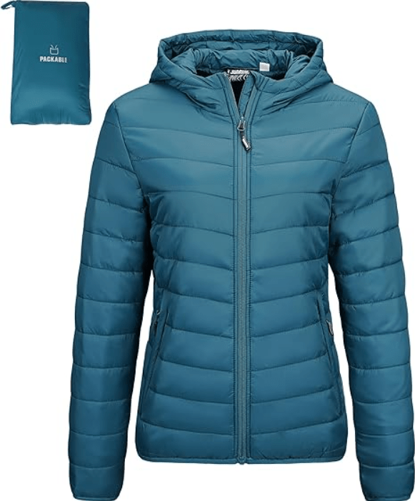 Outdoor Ventures Women's Packable Lightweight Full-Zip Puffer Jacket with Hood Quilted Winter Coat 