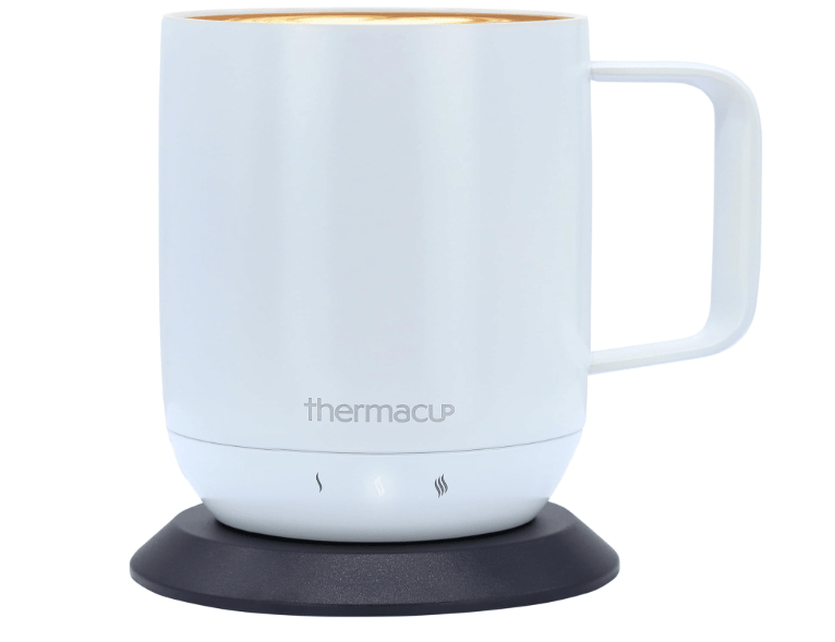 Thermacup Self-Heating Temperature Controlled Coffee Mug with Lid, LED Electric Smart Cup, 3 Custom Heat Settings, Auto/Off Feature, Keeps Liquids Warm