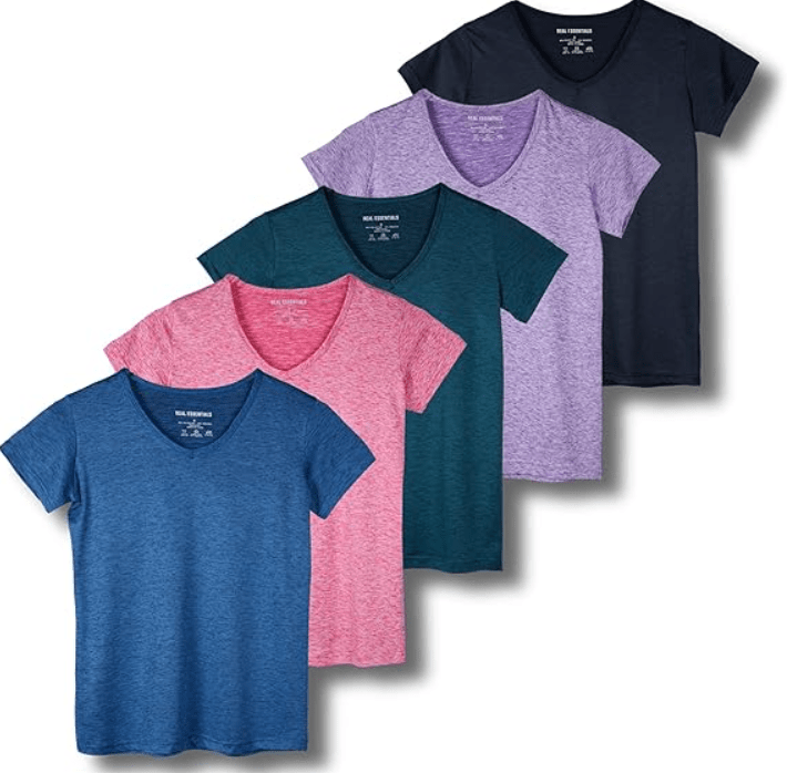 Real Essentials 5 Pack Women’s Short Sleeve V-Neck Workout T-Shirts – Athletic Gym Fitness Pilates Plus Size Active Tees