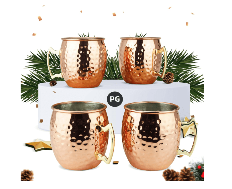  PG Moscow Mule Mugs | Large Size 19 ounces | Set of 4 Hammered Cups | Stainless Steel Lining | Pure Copper Plating | Gold Brass Handles | 3.7 inches